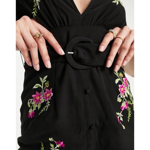 NWT ASOS Design Mini Belted Puff Sleeve Embroidery Dress Chiffon Black Floral - Picture 4 of 11